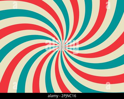 Retro Hintergrund mit gebogenen, Strahlen oder Streifen in der Mitte. Rotierende Spiralstreifen. Sunburst oder Sun Burst Retro Hintergrund. Türkis und rote Farbe Stock Vektor
