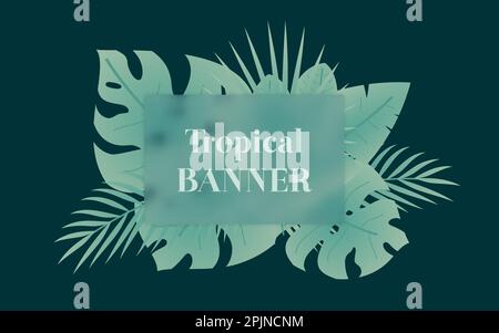 Tropisches Banner mit Palmblättern. Glas Morphismus Stil Banner. Tropisches Blattelement. Exotisches oder Dschungelblatt. Vektorgrafik Stock Vektor
