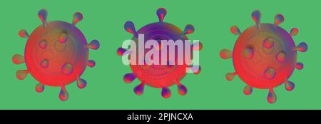 Realistische rote Vibrant-Symbole, Zeichen auf grünem Hintergrund. Realistische 3D Virus-Symbole, Symbole. Coronavirus, COVID-19-Zeichen. Vektordarstellung. Stock Vektor