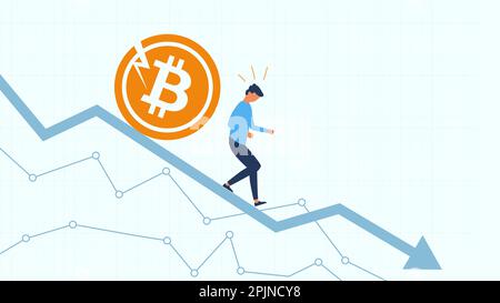 Geschäftsmann oder Kleinanleger, der vor Bitmünzen auf dem Finanzplan oder -Diagramm davonläuft. Fallende, abnehmende Kryptowährungs-Börsenkontur Stock Vektor