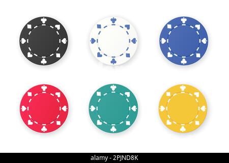 Poker Chips isolierten Hintergrund. Grüne, blaue, rote, gelbe, weiße und schwarze Farben. Set aus sechs Glücksspielen wie Pokerwürfeln oder Roulette-Chips. Vektor Stock Vektor