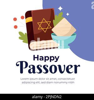 Happy Passover Jüdischer Feiertag, lasst uns Seder Pesach feiern, Grußkarte mit traditionellen Ikonen. schrift, tora, Blumen und Blätter, Symbole und IC Stock Vektor