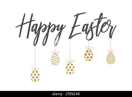 Frohe ostern Typografie mit hängenden goldenen Eiern. Frohe ostern handgeschriebene Typografie auf isoliertem Hintergrund. Gilt für Banner oder Grußkarten Stock Vektor