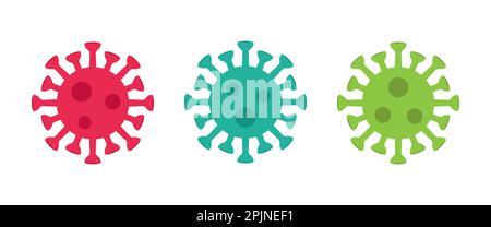 Farbige, lebendige Virussymbole. Kreisen Sie Virussymbole und Symbole ein. Coronavirus, COVID 19 Zeichen. Satz covid-19-Symbole. Vektorgrafik. Stock Vektor