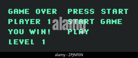 Satz von Retro-Videospiel Wörter wie Spiel über, Spieler 1, drücken Sie Start, spielen, Sie gewinnen, Stufe 1. Pixeltypografie. Vektorgrafik Stock Vektor