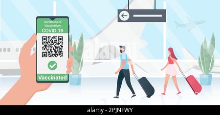 Digitales Zertifikat der Impfung gegen covid 19 Konzept. Hand halten Telefon. Antrag auf einen Gesundheitspass. Zwei Touristen-Paare auf dem Hintergrund. Vect Stock Vektor