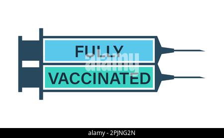 Impfpass, Impfstoffaufkleber. Ausweis für vollständig geimpfte Person. Geimpft in zwei Dosen. Zwei Spritzen mit Covid 19-Impfstoffen. Vektorgrafiken Stock Vektor