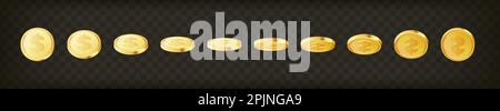 Satz rotierender Goldmünzen mit Dollarzeichen auf transparentem isoliertem Hintergrund. 3d-Dollar-Münzen. Set aus goldenem Geld. Gilt für Gambling ga Stock Vektor