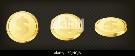 Satz rotierender Goldmünzen mit Dollarzeichen auf transparentem isoliertem Hintergrund. 3d-Dollar-Münzen. Set aus goldenem Geld. Gilt für Gambling ga Stock Vektor
