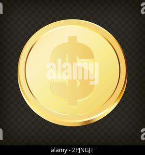 Goldmünze mit Dollarzeichen auf transparentem, isoliertem Hintergrund. 3d-Dollar-Münzen. Set aus goldenem Geld. Anwendbar für Glücksspiele, Jackpot-illu Stock Vektor