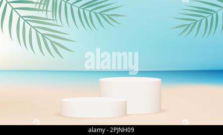 Zwei Zylinderplattformen oder Sockel auf Meeresgrund. Tropische Palmenblätter auf der Vorderseite. Anwendbar für Naturprodukt Sommerurlaub Banner. Thr Stock Vektor