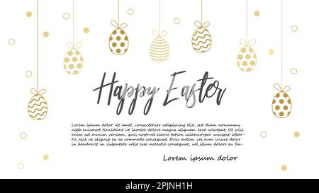 Fröhliches osterbanner mit handgeschriebener Typografie und hängenden goldenen ostereiern. Ostereier mit Mustern. Einladungskarte oder Grußkartenvorlage. Stock Vektor