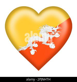 Bhutan Flag Heart Button isoliert auf weiß mit Beschneidungspfad 3D Abbildung Stockfoto