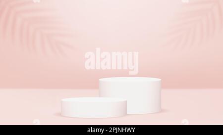 Zwei Zylinder-Plattformen oder Sockel auf rosa Bühne. Palmblätter an der Wand. Verschwommene Überzüge mit tropischen Blättern. Creme, Sepia, Pastellfarben. Dreidimensional Stock Vektor