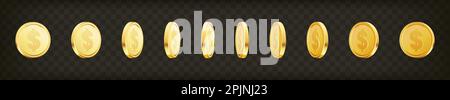 Satz rotierender Goldmünzen mit Dollarzeichen auf transparentem isoliertem Hintergrund. 3d-Dollar-Münzen. Set aus goldenem Geld. Gilt für Gambling ga Stock Vektor