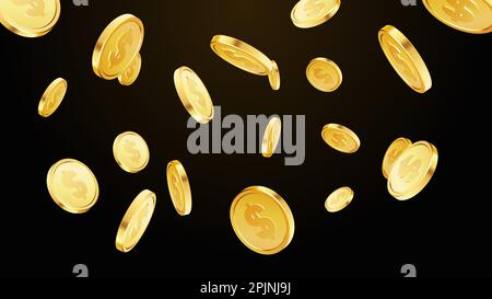 Gold fallende Münzen. Münzen regen. Glücksspiel, Casino 3d goldenes Bargeld. Hintergrund für Jackpot gewinnen. Fliegendes Geld. Geldwirbel. realistische 3D-Münzen. Vect Stock Vektor