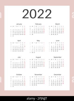 Kalender 2022. Beginn der Woche am Sonntag. Letter-Format. Vertikales Hochformat. Druckbare Kalendervorlage für Planer. Wochennummer. Typografie im Grunge-Stil Stock Vektor