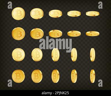 Satz rotierender Goldbitcoin-Münzen auf transparentem, isoliertem Hintergrund. Golden Kryptowährung Krypto Cash, Geldsatz. Rotierende 3D-Bitcoin-Münzen. Vecto Stock Vektor