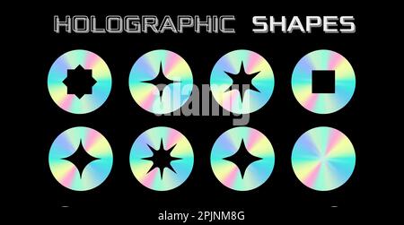 Holografische Sticker Kollektion. Satz von holografischen Formen. Glänzendes Gradientenetikett. Aufkleber aus Metallfolie. Anwendbar für 90s Design oder Award Certificate d Stock Vektor