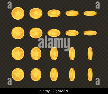 Set rotierender Goldmünzen mit Sternzeichen auf transparentem Hintergrund. Prämientickmünzen. Set aus goldenem Geld. Anwendbar für Glücksspiele, Jackpot illustrationo Stock Vektor