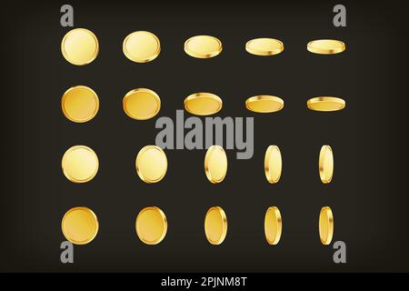 Satz rotierender Goldmünzen mit Sternzeichen auf transparentem Hintergrund. Prämiengutscheine. Goldenes Geld. Gilt für Glücksspiele, Jackpot Illustrati Stock Vektor