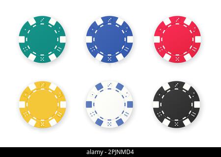 Poker Chips isolierten Hintergrund. Grüne, blaue, rote, gelbe, weiße und schwarze Farben. Set aus sechs Glücksspielen wie Pokerwürfeln oder Roulette-Chips. Vektor Stock Vektor