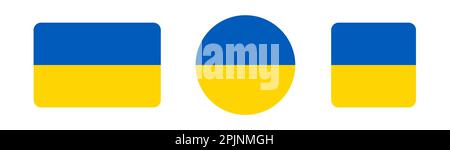 Satz ukrainischer Symbole - Flagge, Kreis, Quadrat. Ukrainische Karte, ukrainisches Herz. Gilt für Unterstützung in der Ukraine, Hilfesymbole. Stock Vektor