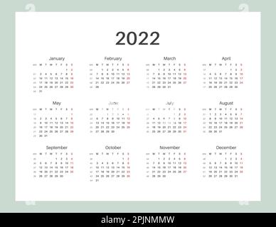 Kalender 2022. Beginn der Montag-Woche. Letter-Format. Horizontales Albumlayout. Druckbare Kalendervorlage für Planer. Wochennummer. Grunge Stil Typografie Stock Vektor