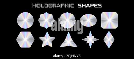 Holografische Sticker Kollektion. Satz von holografischen Formen. Glänzendes Gradientenetikett. Aufkleber aus Metallfolie. Anwendbar für 90s Design oder Award Certificate d Stock Vektor