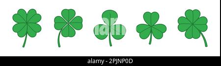 Kollektion mit Kleeblatt-Symbolen. Set aus vier und drei Kleeblättern. Glückliches irisches Zeichen. Shamrock, Trefoil Silhouette. Das Symbol des Tages von Santa Patrick. Glück SIG Stock Vektor