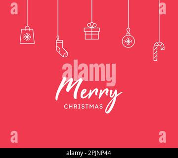 Weihnachtsbanner mit hängenden weihnachtsspielzeugen wie Tasche, Socke, Geschenkbox, Ball, Zuckerrohr. Rotes weihnachtsbanner. Vektorgrafik. Stock Vektor