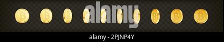 Satz rotierender Goldbitcoin-Münzen auf transparentem, isoliertem Hintergrund. Golden Kryptowährung Krypto Cash, Geldsatz. Rotierende 3D-Bitcoin-Münzen. Vecto Stock Vektor