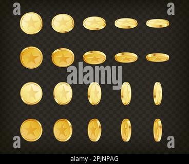 Set rotierender Goldmünzen mit Sternzeichen auf transparentem Hintergrund. Prämientickmünzen. Set aus goldenem Geld. Anwendbar für Glücksspiele, Jackpot illustrationo Stock Vektor