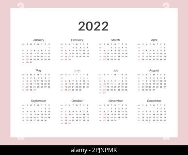 Kalender 2022. Beginn der Woche am Sonntag. Letter-Format. Horizontales Albumlayout. Druckbare Kalendervorlage für Planer. Wochennummer. Grunge Stil Typografie Stock Vektor