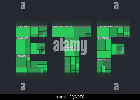 ETF – Exchange Traded Fund. Buchstaben als Heatmap. Index-ETF, der aus Technologie-, Finanz- und zyklischen Verbraucheranteilen besteht. Wachstumsmarkt concep Stock Vektor