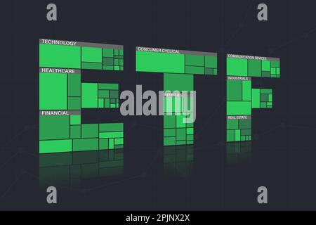 ETF – Exchange Traded Fund. Buchstaben als Heatmap. Index-ETF, der aus Technologie-, Finanz- und zyklischen Verbraucheranteilen besteht. Wachstumsmarkt concep Stock Vektor