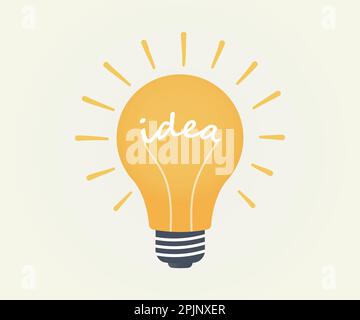 Idea Wort als glühend in der Glühbirne oder Lampe. Strahlen um die Lampe als ausrufezeichen maks. Ideenkonzept. Symbol für Glühbirne. Vektorgrafik Stock Vektor