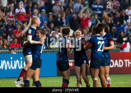 Hongkong, China. 02. April 2023. Das Team der britischen Frauen gewann das Bronzefinale bei Cathay Pacific/HSBC Hong Kong Sevens 2023. Kredit: SOPA Images Limited/Alamy Live News Stockfoto