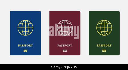 Internationale Passvorlagen auf isoliertem Hintergrund. E-Pässe mit roter, blauer und grüner Abdeckung. Vektordarstellung Stock Vektor