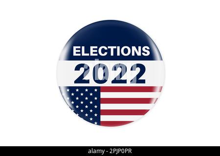 Realistischer Kreis Vote Aufkleber oder Abzeichen mit uns amerikanischen Flagge. US, USA, amerikanische Wahl, Stimmschild. Zwischenwahlen 2022. Abzeichen für die verantwortliche Abstimmung Stock Vektor