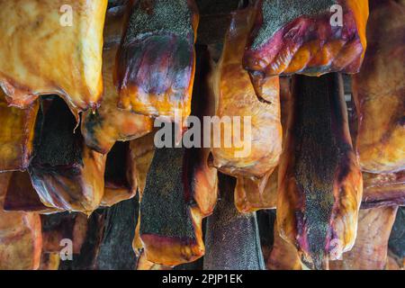 Hákarl, Nationalgericht aus fermentiertem Grönlandhai (Somniosus microcephalus), faules Fleisch, das im Freiluftschuppen in Snaefellsnes, Island, zum Trocknen hängt Stockfoto