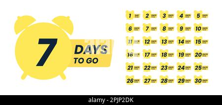 Banner für den Countdown der Tage. Webbanner mit Wecker, Zahlen und „Days to go“-Text. Satz der letzten Angebotsbanner. Countdown-Banner für Last-Minute-Angebote oder -Verkäufe Stock Vektor