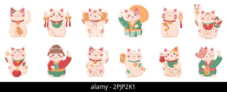 Japanische Glückskatzen haben eine Vektordarstellung gesetzt. Cartoon niedliche Maneki Neko Figuren aus der japanischen Kollektion, asiatisches Kawaii-Kätzchen winkende Pfote, die Spielzeugsymbole von Glück, Wohlbefinden und Wohlstand in sich trägt Stock Vektor