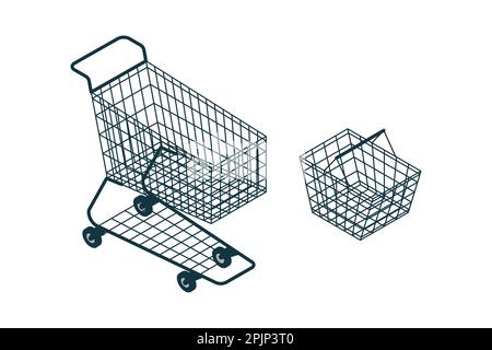 Isometrischer leerer Draht-Supermarkt, Warenkorb und -Wagen, Schubkarre. Lagern Sie den Metallwagen auf einem weißen, isolierten Hintergrund. Vektordarstellung. Stock Vektor