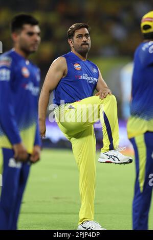 Chennai, Indien, 03/04/2023, Spiel Nr. 6 : TATA IPL 2023: CSK vs. LSG : Chennai Super Kings vs Lucknow Super Giants : MSD von CSK im MAC-Stadion in Chennai.CSK erzielte in 20 Overs 217 von 7 Punkten. Stockfoto