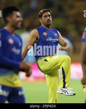 Chennai, Indien, 03/04/2023, Spiel Nr. 6 : TATA IPL 2023: CSK vs. LSG : Chennai Super Kings vs Lucknow Super Giants : MSD von CSK im MAC-Stadion in Chennai.CSK erzielte in 20 Overs 217 von 7 Punkten. Stockfoto