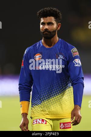 Chennai, Indien, 03/04/2023, Spiel Nr. 6 : TATA IPL 2023: CSK vs. LSG : Chennai Super Kings vs Lucknow Super Giants : MSD von CSK im MAC-Stadion in Chennai.CSK erzielte in 20 Overs 217 von 7 Punkten. Jadeja. Stockfoto