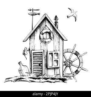 Fischerhaus auf dem Gras mit einem Schiffsrad, einer Flasche Rum und einer Möwe, isolierte Komposition auf weißem Hintergrund, handgezeichnet in Grafik Stock Vektor