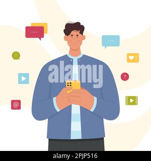 Person, die Apps in der Vektordarstellung des Smartphones verwendet. Zeichentrickfilm, junger Mann, der ein Telefon mit Symbolen verschiedener mobiler Anwendungen, Nachrichten und Benachrichtigungen in sozialen Medien, Videos und E-Mails in der Hand hält Stock Vektor