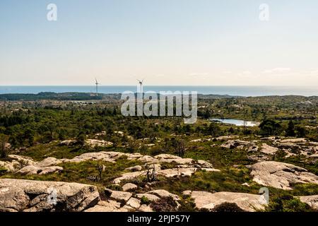 Karges Hochland mit Windturbinen in der Nähe der Küste Stockfoto